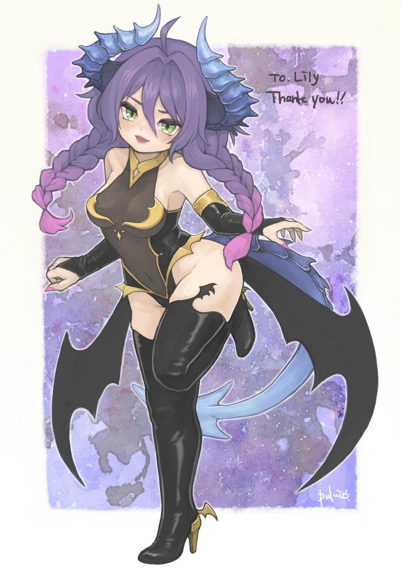 The Voidmaiden in her succubus outfit - a skin-tight bodysuit with mild sheer, allowing a look at her exotic figure.