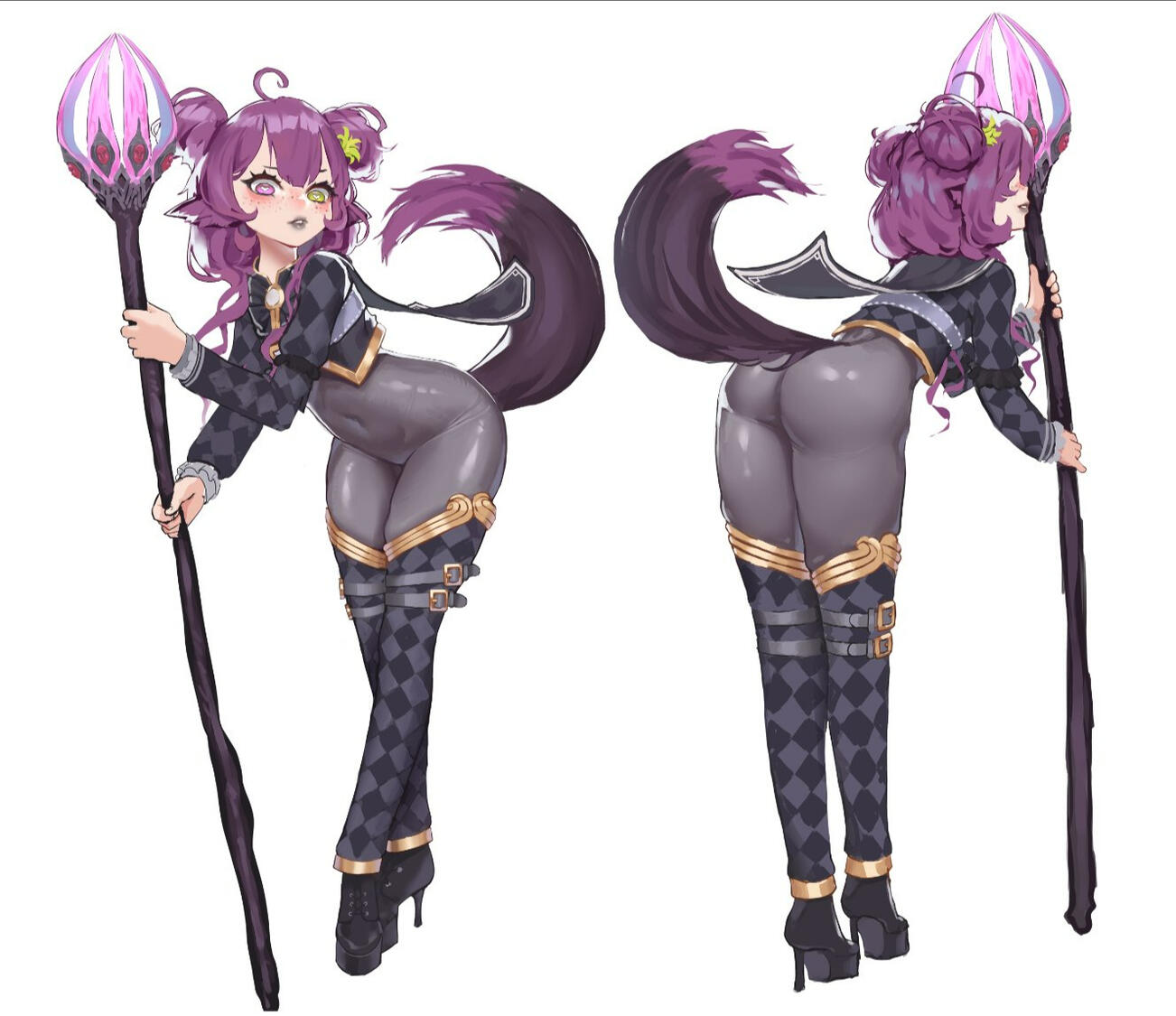 An experimental phase with Lillith I had around early 2023, seeing how I&#39;d like her with fluffier extras. This sheet represented her Mage attire, as well as introducing a new hairstyle for her.